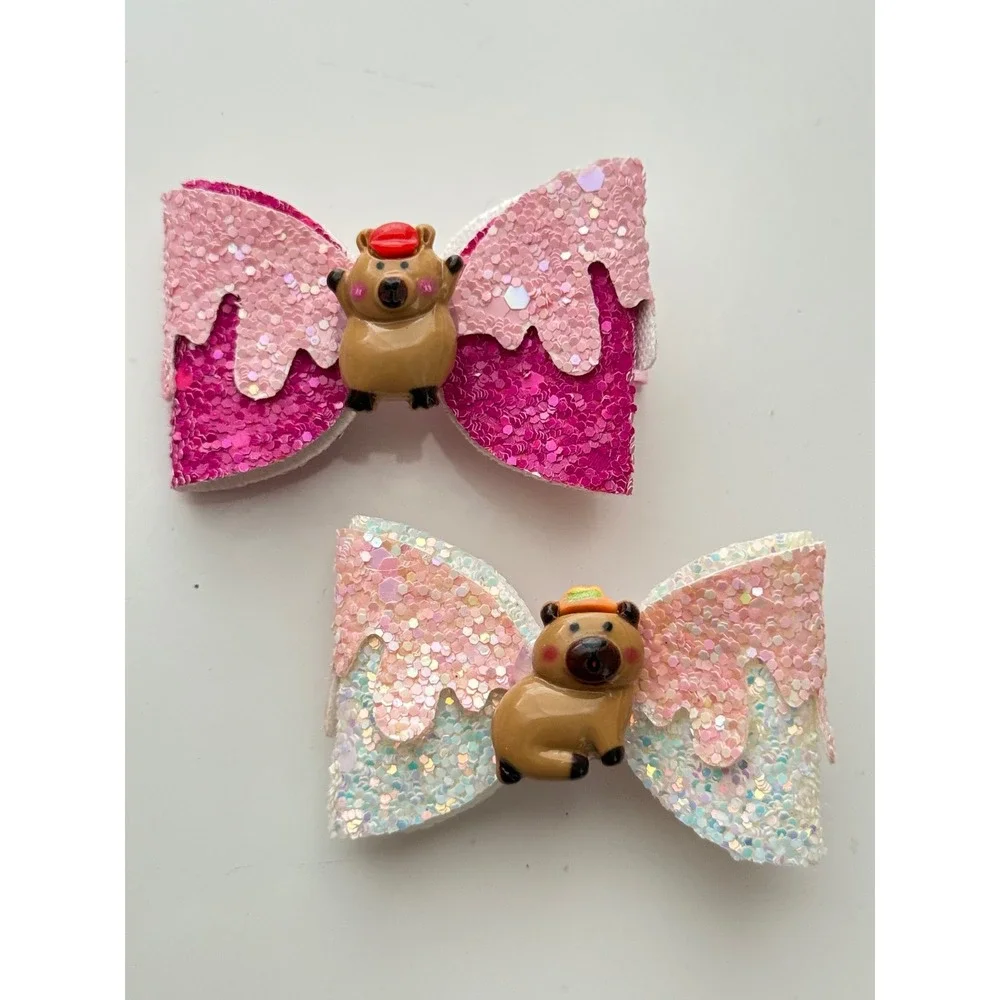 Klass Kawaii Capybara Glitter Hair Bows Pink Iridescent Alligator Clips 2pc Set